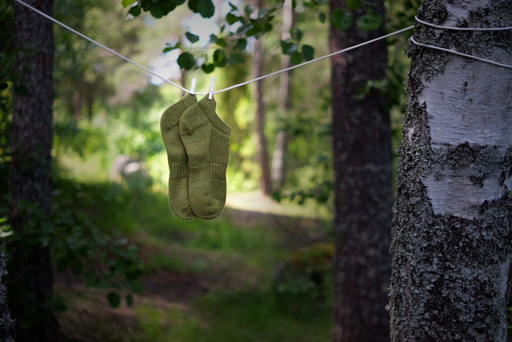 Green So Sporty Socks hanging on a clothesline between trees in a lush forest setting.